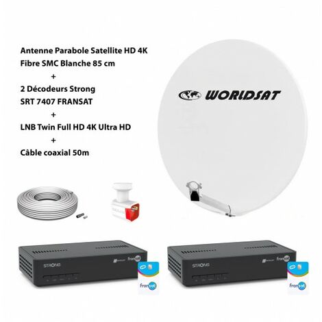 Kit Antenne Parabole Sat HD 4K Fibre SMC Blanche 85cm WORLDSAT + 4 Décodeurs Philips DSR 3031F