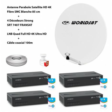 Kit Antenne Parabole Sat HD 4K Fibre SMC Blanche 85cm WORLDSAT + 4 Décodeurs Strong SRT 7407 FRANSAT + LNB Quad 4K Ultra Full HD + Câble coax 100m
