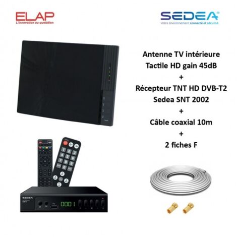 Antenne TV TNT Intérieure Tactile HD VHF UHF, Gain 45dB ELAP + Récepteur TNT HD DVB-T2 Sedea SNT 2002 + Cable coax 10m + 2 fiches F (1/5)