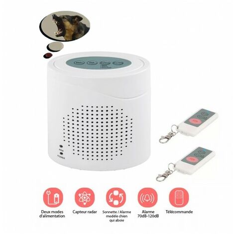 Chien de garde électrique aboyeur sans fil – Détection radar 360° – Alarme 70-120 dB – Portée télécommande 50 m – Installation facile (1/5)