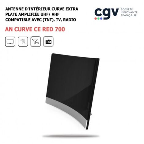 Antenne d'intérieur TNT UHF/ VHF, TV, Radio, Filtre 4G AN CURVE CE RED 700 extra plate amplifiée, CGV, Gain 20 dB, Numérique (1/4)