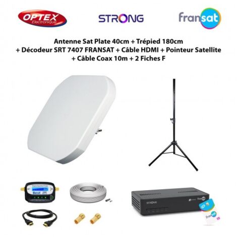 Antenne Sat Plate 40cm + Trépied 180cm + Décodeur SRT 7407 FRANSAT + Câble HDMI + Pointeur Satellite + Câble Coax 10m + 2 Fiches F (1/5)