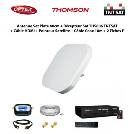 Antenne Satellite Plate 40cm + Récepteur Satellite HD THS806 TNTSAT + Câble HDMI + Pointeur Satellite + Câble Coax 10m + 2 Fiches F (1/5)