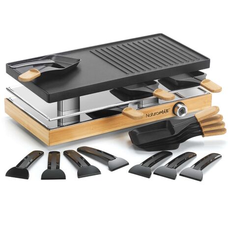Appareil à raclette 8 personnes 1200W – Gril avec plaque anti-adhésive – 8 coupelles et spatules incluses – Finition bambou – Naturamix