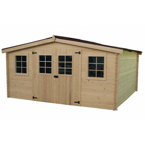 Habrita – Abri de jardin 12.65m² en épicéa massif non traité – Toit en plaques ondulées – Double porte 1.60m avec fenêtres – Dimensions 4.16 x 3.04m (1/5)