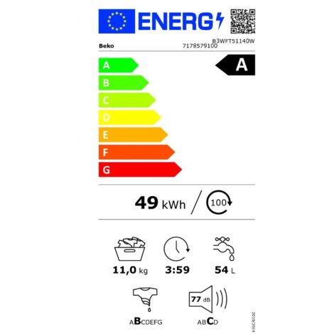 Lave-linge frontal 11kg 1400 tours/min - Beko - B3WFT51140W
