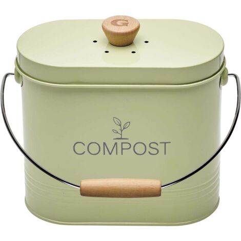 Seau à compost 3L ovale vert pastel – Métal peint – Couvercle ventilé avec filtre à charbon – Poignée ergonomique en bois – Guillouard (1/7)