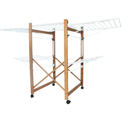 Kitchen Move – Etendoir à linge pliable 32m – Structure en aluminium imitation bois – Roulettes orientables avec frein – Séchage rapide et homogène