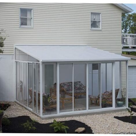 Chalet & Jardin – Pergola fermée 15.6m² blanche en aluminium avec toit polycarbonate 8mm – Résiste au vent jusqu'à 120 km/h – 3 doubles portes coulissantes
