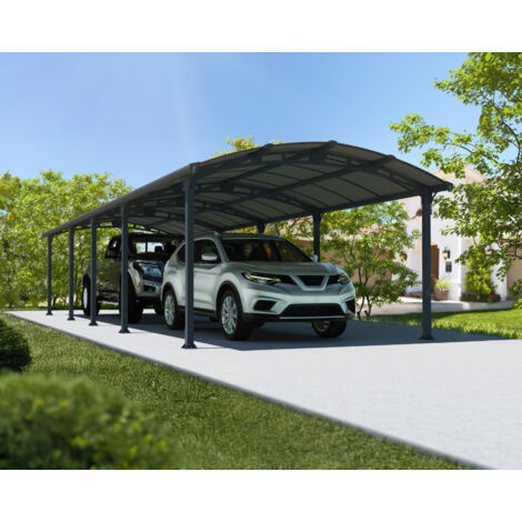 Palram – Carport Arcadia gris – Dimensions 3,59 x 4,35 m – Résistance neige 150 kg/m² – Hauteur de passage 2,19 m – Cadre aluminium laqué