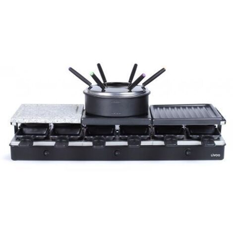 Appareil à raclette multifonction 12 personnes 1650W – 3 plateaux pour griller, fondre et cuire – Accessoires inclus : 12 caquelons et spatules – Livoo - doc234