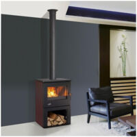 Godin – Poêle à bois 8.5kW noir/carmin – Chargement avant – Raccordement arrière Ø 150mm – Longueur max bûche 55cm – 362113CARMIN