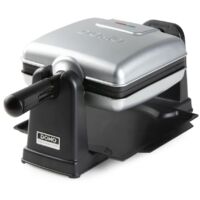 Gaufrier rotatif 1400W inox/noir – Double couvercle pivotant – 2 grandes gaufres belges – Revêtement antiadhésif – Domo