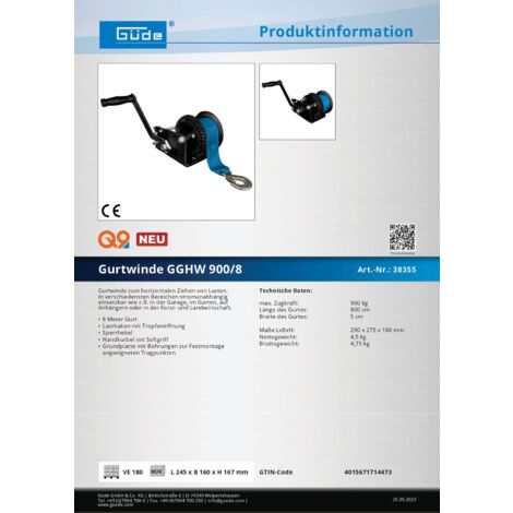 Güde Treuil à Sangle GGHW 900/8 - 900 Kg, 8 M - Idéal Garage, Jardin, Remorque