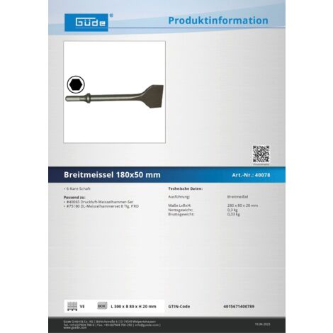 Güde Breitmeißel Meißel 180x50 mm für Meißelhammer Bohrhammer Abbruchhammer