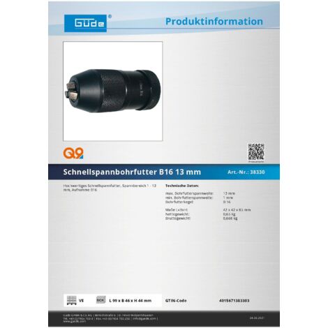Güde Präzisions Schnellspannbohrfutter Bohrfutter 1-13mm B16
