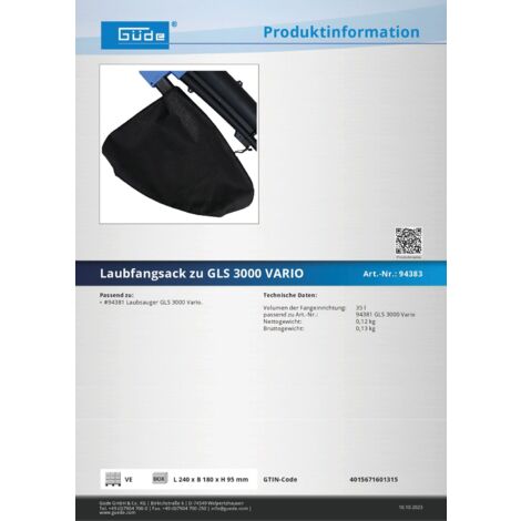 Güde Laubsack Laubfangsack für Laubsauger 94381 GLS 3000 VARIO 35 Liter