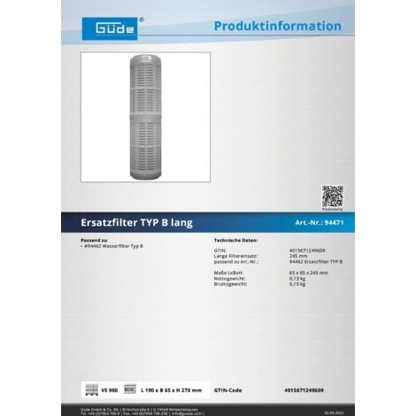 Güde Ersatzfilter Lang Zu Wasserfilter Filter Typ B 94462