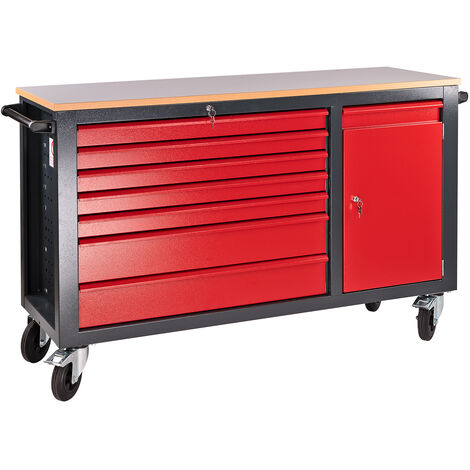 Mobile Werkbank Arbeitstisch fahrbar Carlos 7 Schubladen 1 Tür 180x48x104 cm