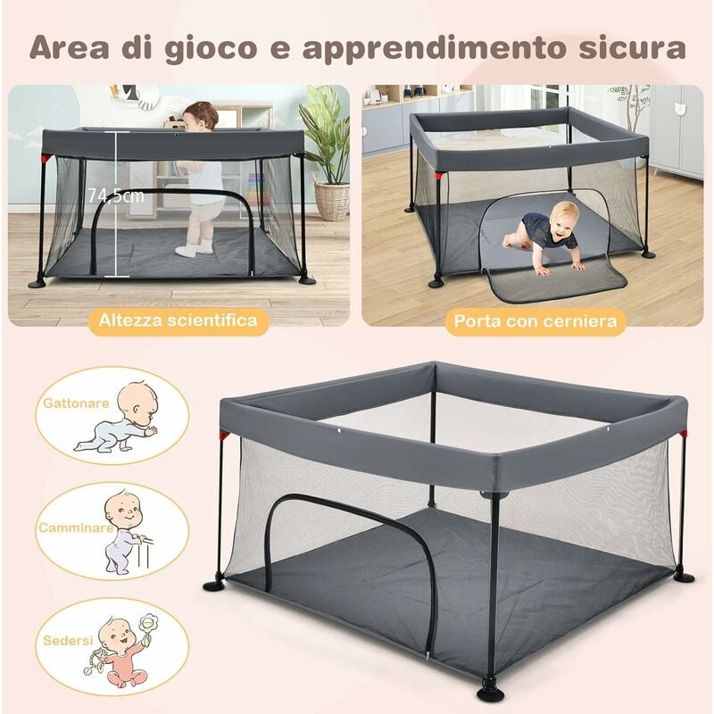 COSTWAY Box per Bambini Pieghevole con Chiusura di Sicurezza, 138x138x74,5  cm, Recinto per Bambini in Rete Traspirante e Ventose Antiscivolo, per  Interno ed Esterno, Grigio Scuro