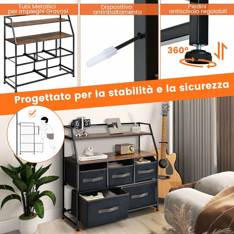 COSTWAY Cassettiera con 5 Cassetti in Tessuto, Mobiletto Multiuso con  Ripiano Superiore Aggiuntivo e Cassetti Pieghevoli Medi e Grandi, Comò per  Camera da Letto Soggiorno Ingresso, Stile Industriale