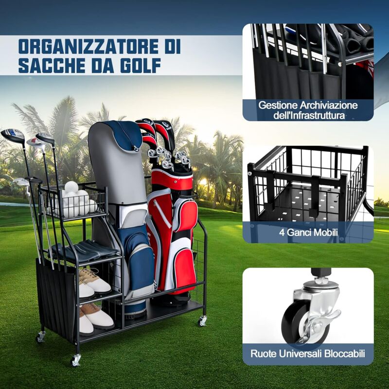 COSTWAY Organizer per Borse da Golf, Carrello per Sacca da Golf con Supporti Rimovibili, Cesta in Rete, Scaffali Aperti, Vassoio e Ruote, Organizzatore Salvaspazio in Metallo per Casa e Garage COSTWAY Organizer per Borse da Golf, Carrello per Sacca da Golf con Supporti Rimovibili, Cesta in Rete, Scaffali Aperti, Vassoio e Ruote, Organizzatore Salvaspazio in Metallo per Casa e Garage