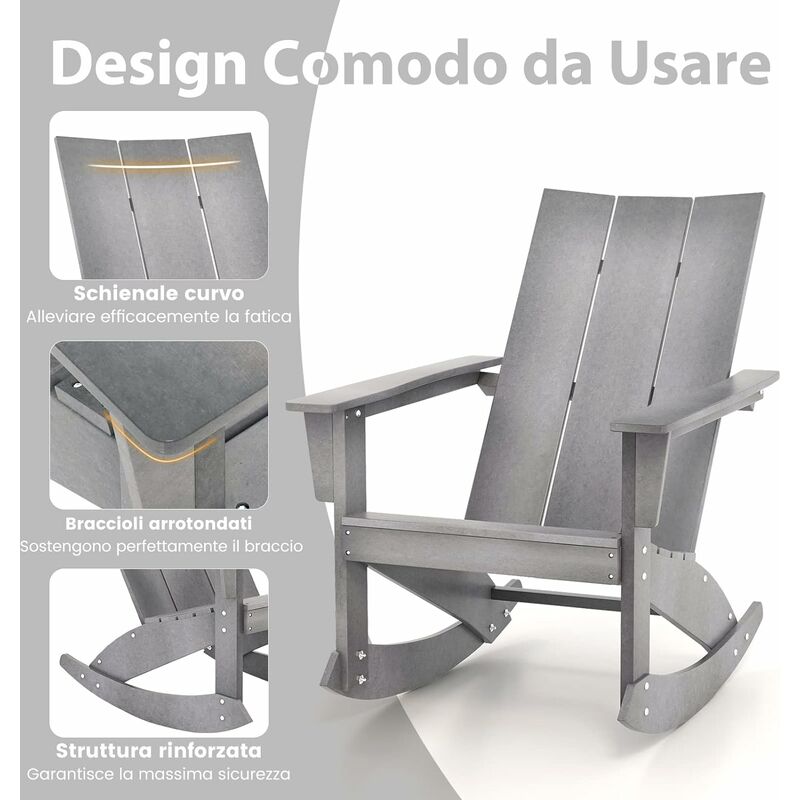 COSTWAY Sedia a Dondolo Adirondack, HDPE Dondolo Impermeabile da Esterno con  Schienale Curvo, Portata 150 kg, Sedia Dondolo da Giardino Balcone, Grigio