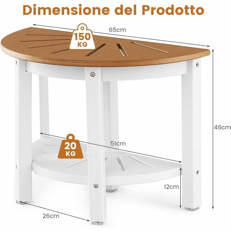 COSTWAY Sgabello da Doccia a Semicerchio, con Ripiano Impermeabile a 2  Livelli, Design a Stecche e Piedini Antiscivoli, Panca Versatile per  Interno Esterno, Carico 150 kg, 65x46cm (Stile 5)