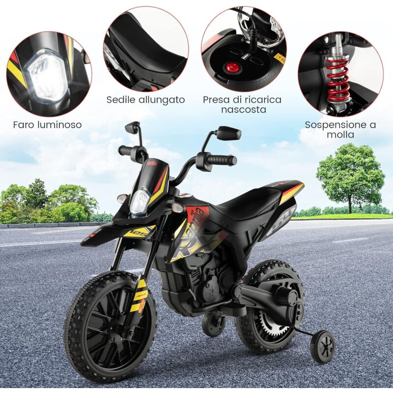 COSTWAY Aprilia Moto Électrique pour Enfants 3-8 Ans avec Musique &  Lumière, Voiture Électrique Enfants avec 2 Roues d'Entraînement, Vitesse  5,5-6 km/h, Charge 30KG, 106,5 x 56 x 80CM, Noir