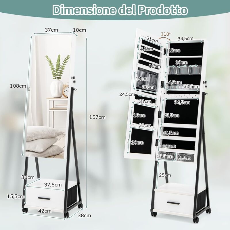 Armadio Portagioie Per Bambini COSTWAY Con Specchio E 3 Cassetti - Ideale Per Camera Da Letto, Bianco - Foto 10