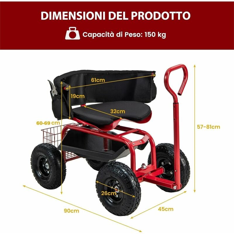 COSTWAY Sgabello da Giardino con Ruote, Sgabello da Giardinaggio con Sedile  Regolabile e Girevole, Manico Telescopico, Vassoio, Cestello e Borsa per  Attrezzi, Portata 150 kg, 90 x 61 x 60-69 cm