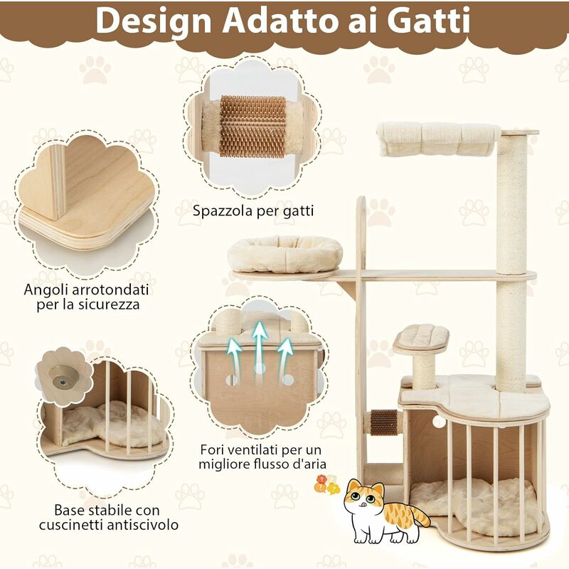 COSTWAY Tiragraffi per Gatti di legno 139 cm, con Tiragraffi in Sisal,  Cuscini Rimovibili e Lavabili, Amaca,Piattaforma e Cuccia, Albero Tiragraffi  per Gatti di Medie e Grandi Dimensioni