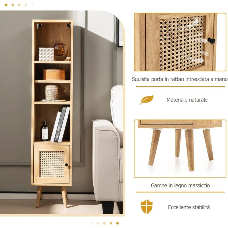 COSTWAY Libreria Scaffale con Anta in Rattan Naturale, Scaffale Legno