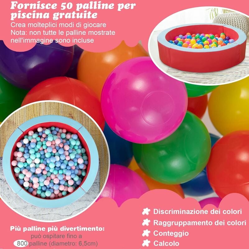 Piscina de Bolas de Espuma con 50 Bolas Coloridas para Niños de 3+ Años  Fácil de Limpiar 113 x 26 cm Rojo - Costway