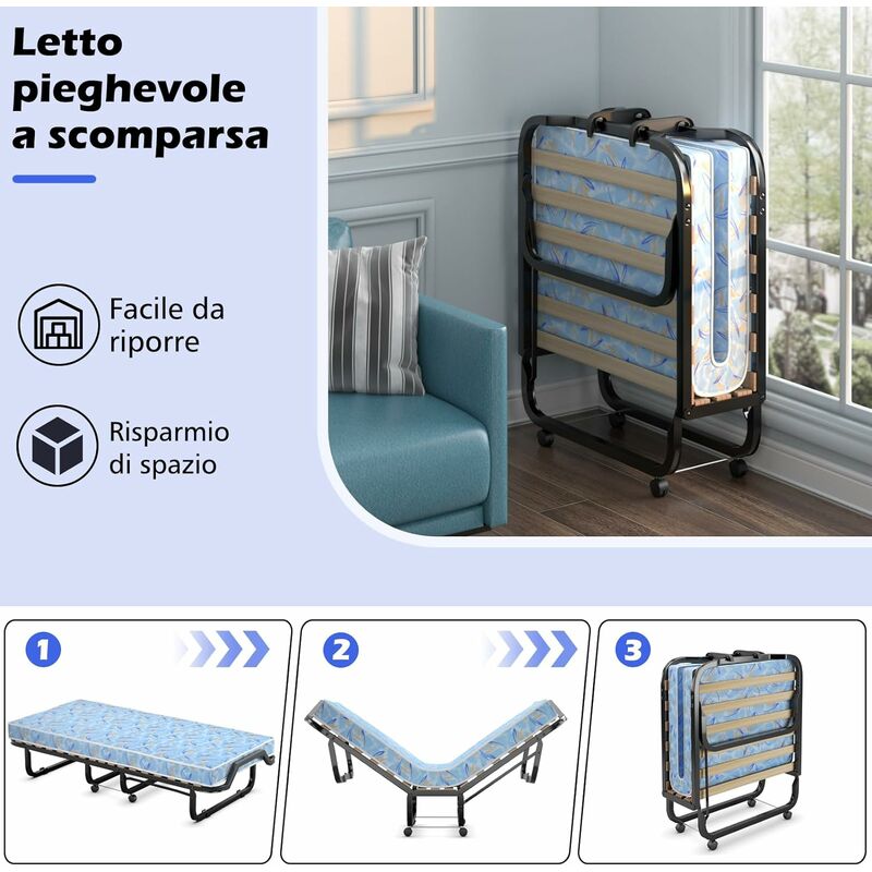 COSTWAY Brandina Pieghevole con Materasso, con Struttura Metallica  Resistente, Materasso in Memory Foam, Letto Portatile con Ruote per Casa  Ufficio