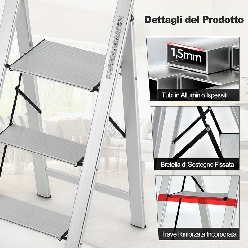 Scala pieghevole in alluminio a 3 gradini, Scaletta con piedini antiscivolo  portata 150kg 65x44x89cm Argento - Costway