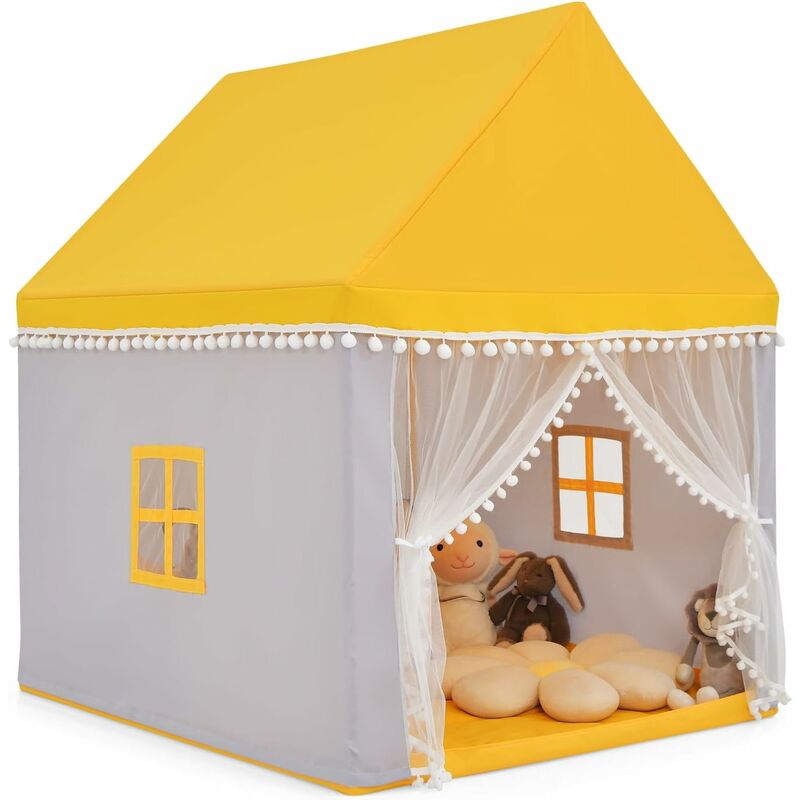 Tenda gioco per bambini con tappetino lavabile e bandiera, Tenda con  finestre struttura in legno - Costway