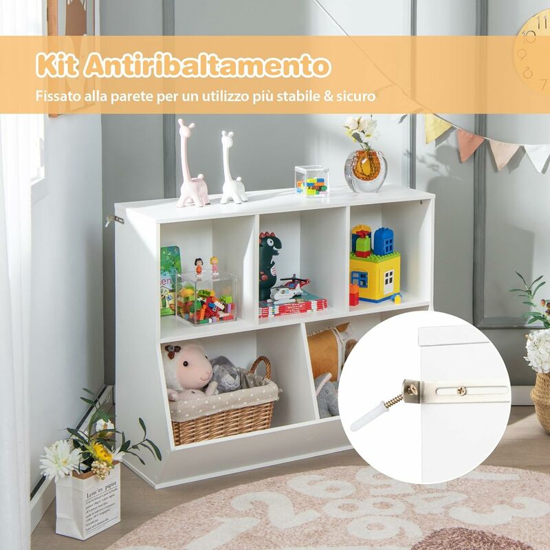 Scaffale per libri in legno Libreria con 6 box scomparti e una sedia per  bambini Bianco - Costway