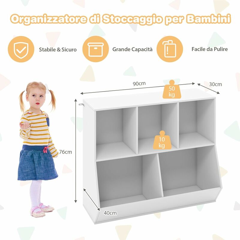 COSTWAY Libreria per Bambini e Organizer Giocattoli, Scaffale di Legno Con  5 Scompartimenti, Per Stanza dei Giochi Camera Dei Bambini Angolo di  Lettura Classe Scuola Materna (Bianco) – Giochi e Prodotti per