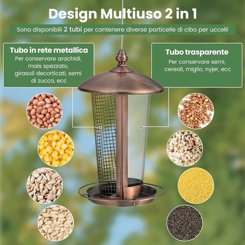 Mangiatoia per uccelli da appendere all'aperto, Mangiatoia per uccelli  selvatici in metallo con posatoio gancio - Costway