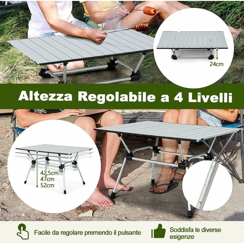 COSTWAY Tavolo da Campeggio Pieghevole in Alluminio, Altezza Regolabile a 4  Livelli, Tavolo da Picnic con Borsa, Peso Netto 4 kg，Tavolino da Esterno e  Interno Portatile, 90x60,5x52 cm (argento)