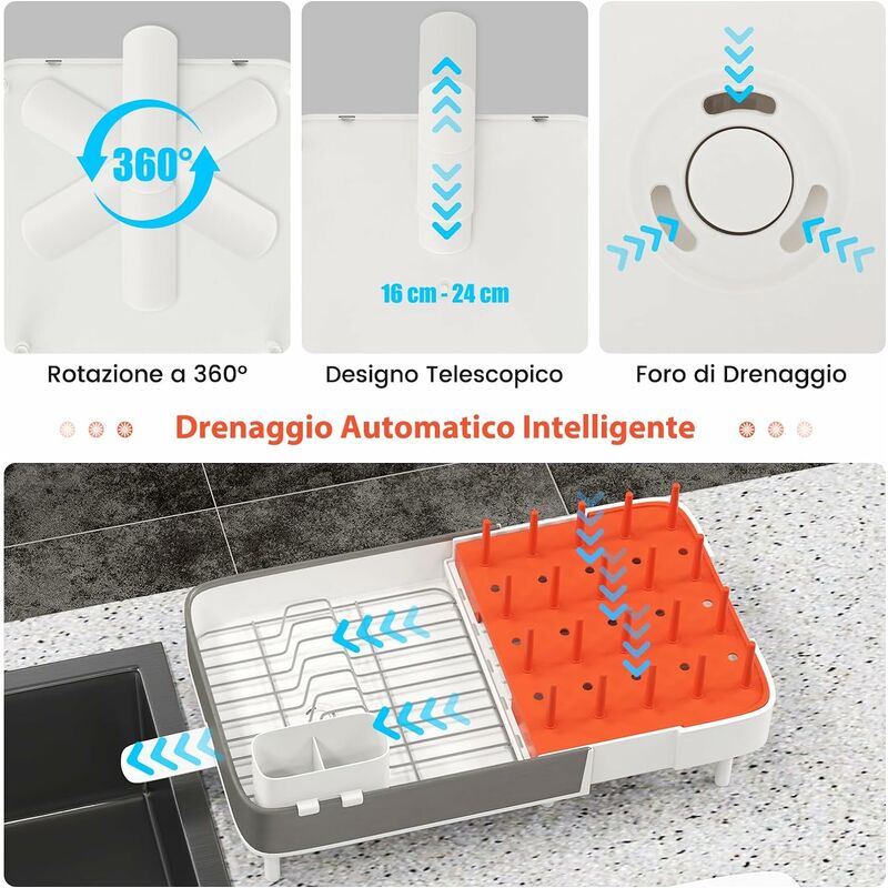 Costway Scolapiatti estensibile con portaposate staccabile griglia in  acciaio inox, Gocciolatoio scolapiatti regolabile