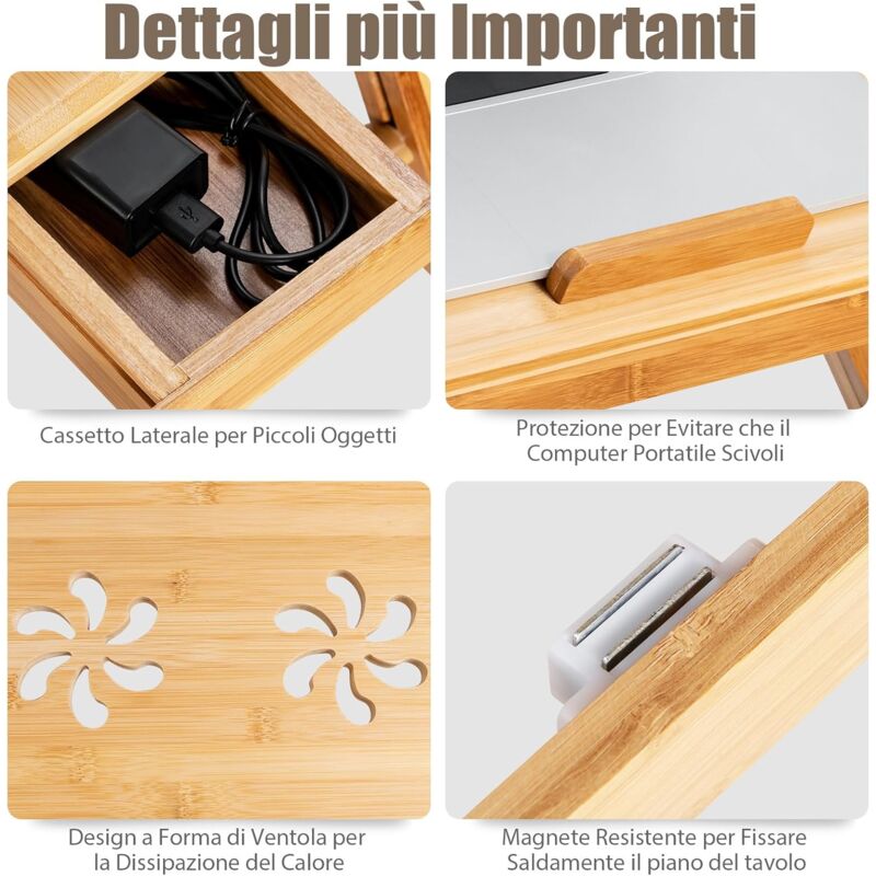 COSTWAY Tavolo Porta Laptop PC Inclinabile, Tavolino Di Servizio Supporto Da Lettura Per Divano E Letto Bambu Marrone 60 X 40 X 70 Cm 22954197