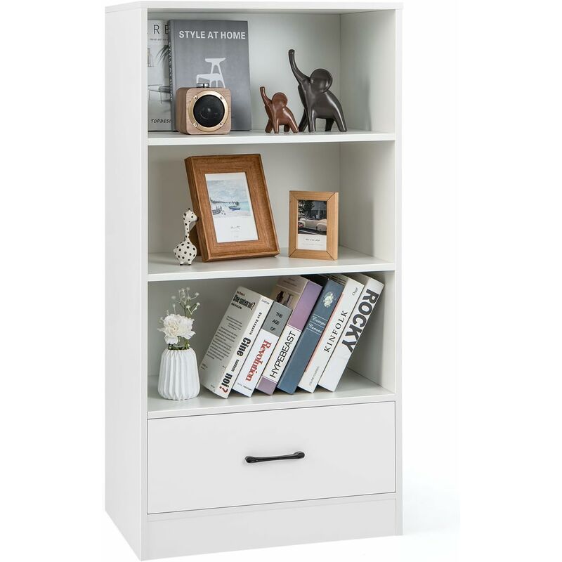 COSTWAY Libreria in Legno con Cassetto, Scaffale di Stoccaggio a 4 Livelli,  Scaffale Espositivo per Casa Studio e Soggiorno, 60 x 38 x 120 cm (Bianco)