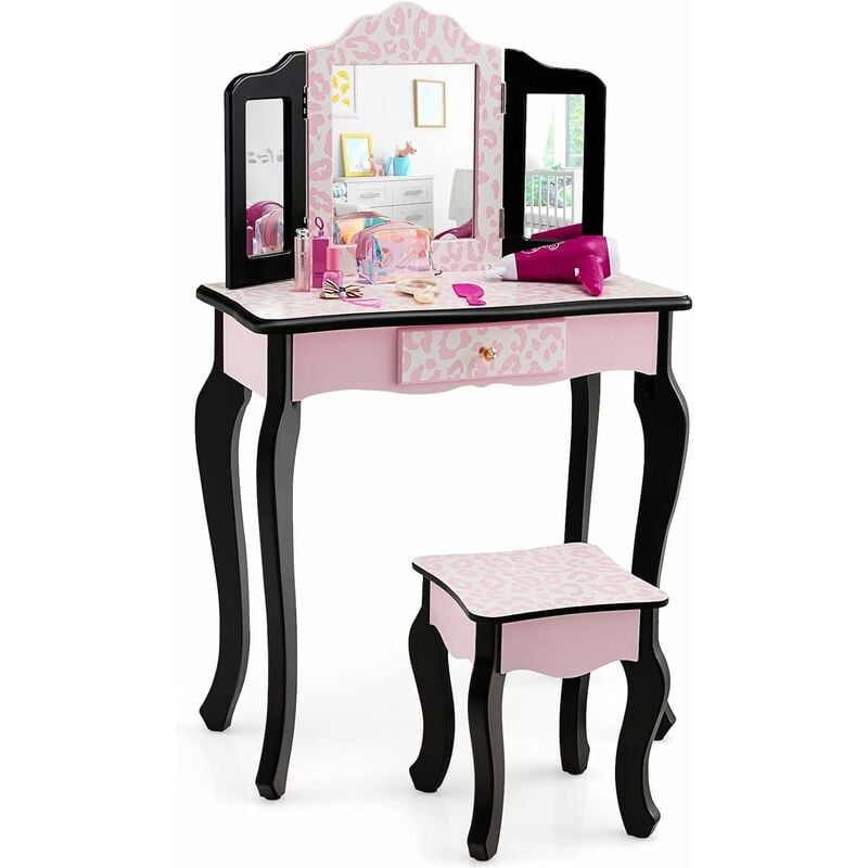 RELAX4LIFE Toeletta Trucco per Bambini, Set Tavolo da Trucco con Specchio e  Sgabello, Gioco di Bellezza, Set di Vanità per Bambini da 3 a 7 anni