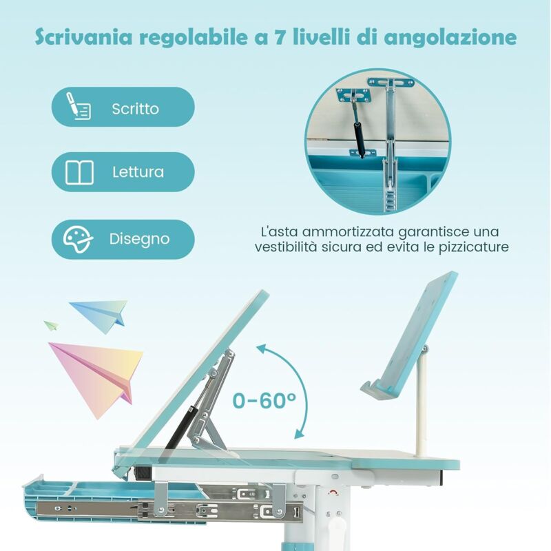 Scrivania Bambini Regolabile COSTWAY - Piano Ribaltabile Con Libreria E Cassetti - Rosa - Per 3-12 Anni - Foto 2