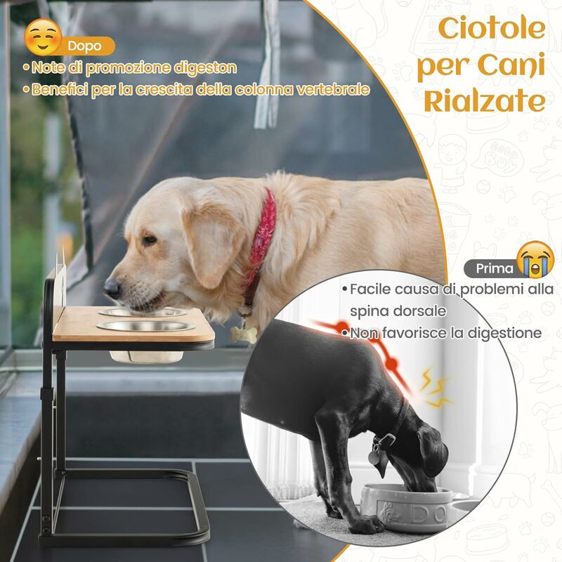 COSTWAY Ciotole per Cani Rialzate, Supporto in Metallo per Ciotola per Cani  con 2 Ciotole per Acqua e Cibo in Acciaio Inox, Ciotole per Cani di Media e  Grande Taglia a 3