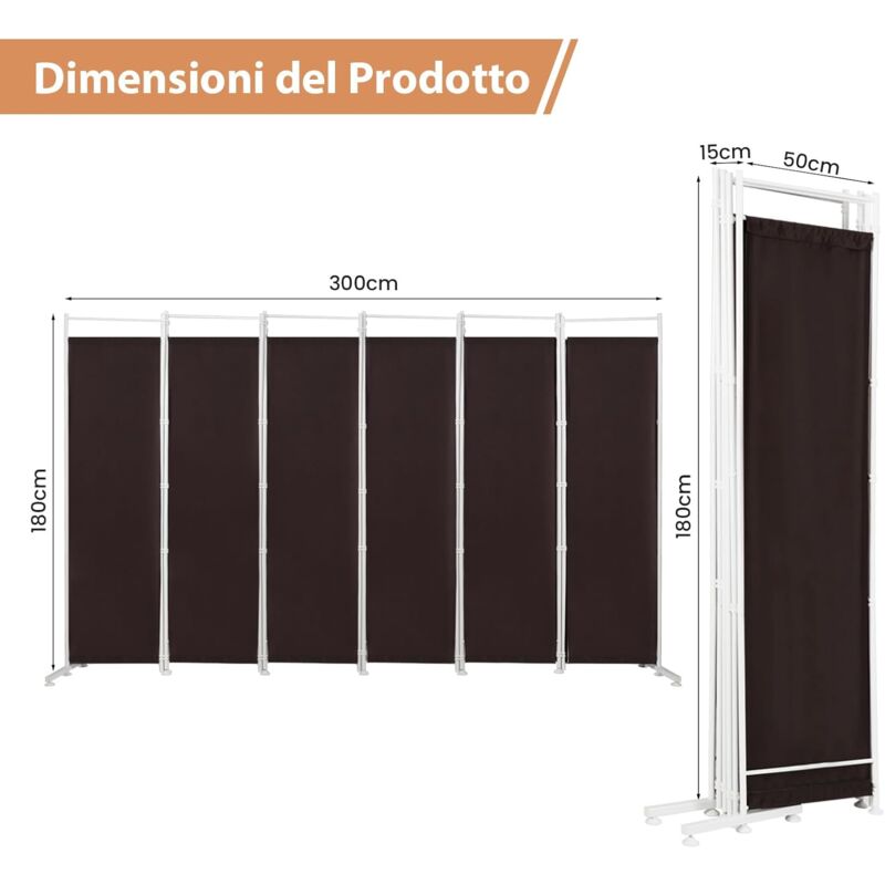 Paravento Pieghevole COSTWAY A 6 Pannelli - 331x188 Cm, Marrone, Per Interni Ed Esterni - Foto 4