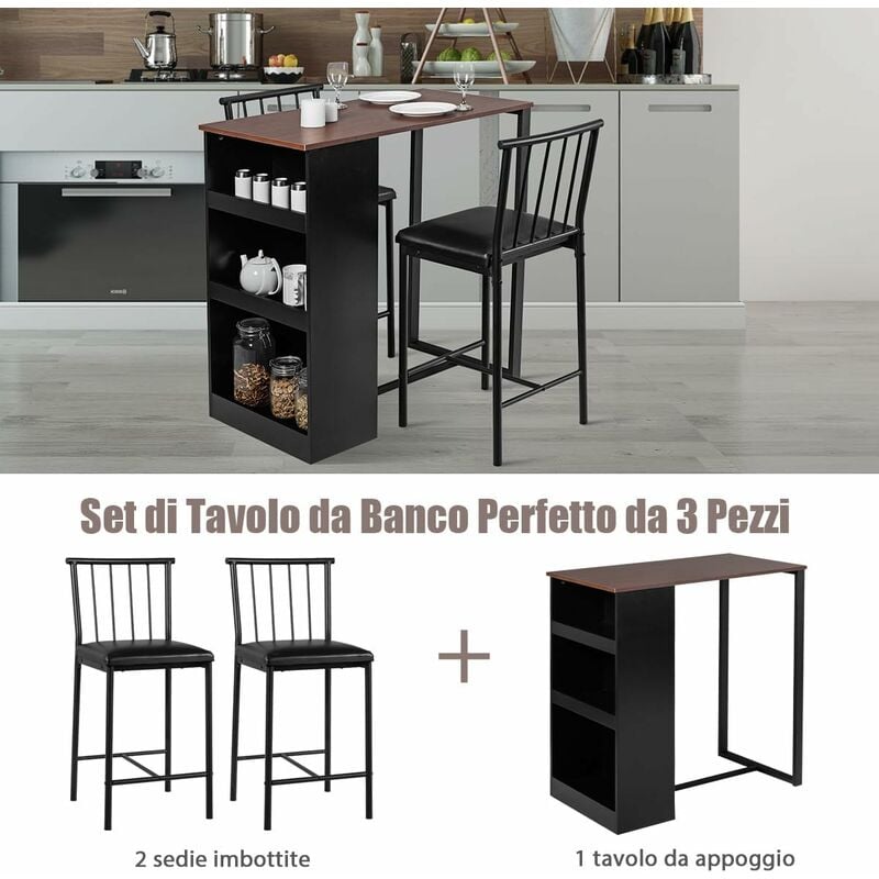 COSTWAY Set Tavolo e Sedie da Pranzo 3 Pezzi, 2 Sgabelli Alto Imbottite,  Tavolo Bar con 3 Scomparti Laterali, Stile Industriale e Design  Salvaspazio, per Cucina Sala da Pranzo Soggiorno (Nero+Marrone)