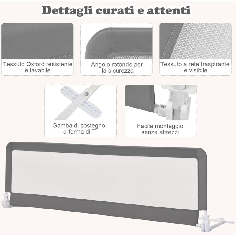 Sponda Di Protezione Per Letto Bambini 4 Lati – Forma A S Rinforzata, Regolabile In Altezza, Per Letti Queen E King Size